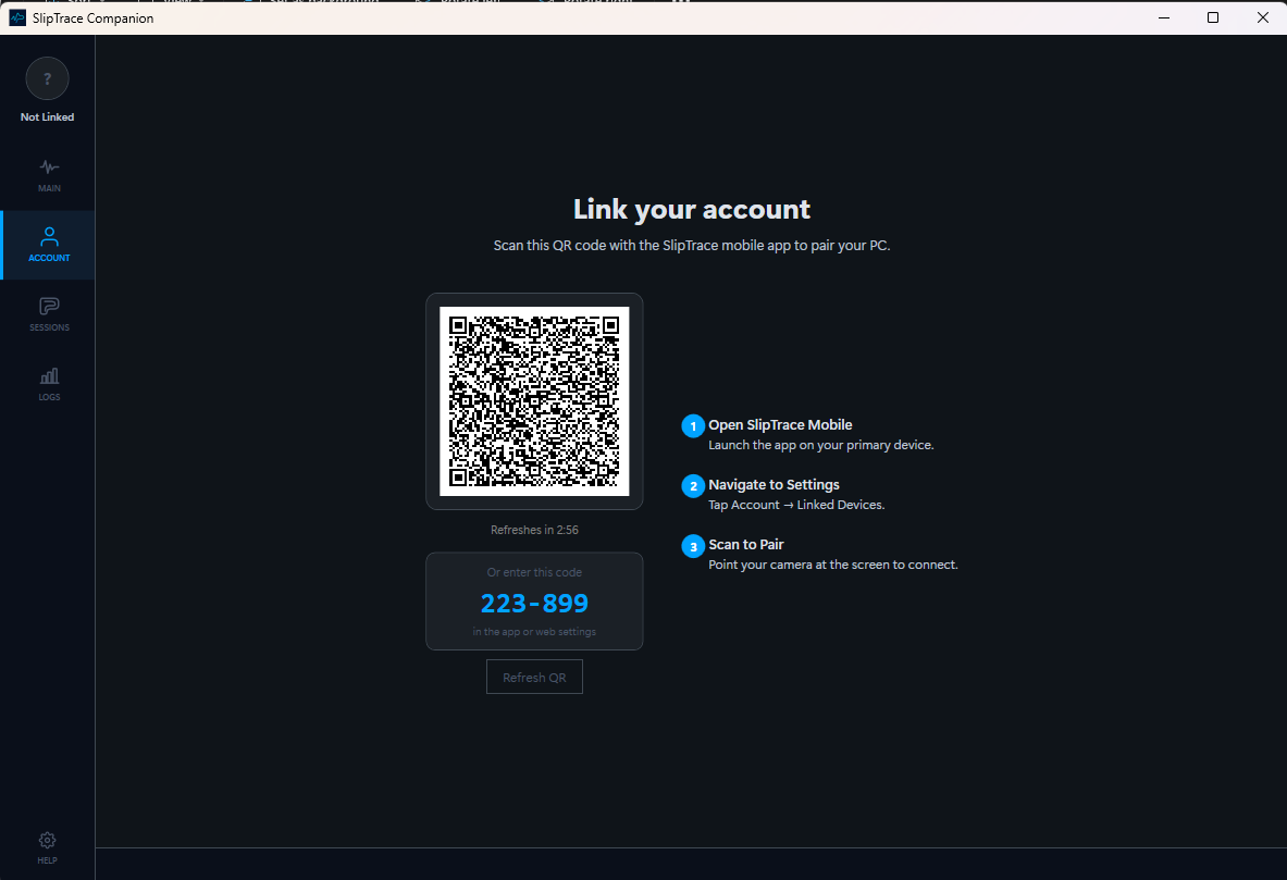 QR pairing screen on the Windows companion